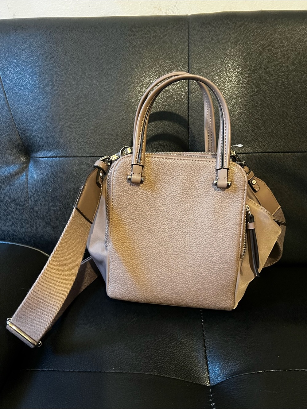 Calvin Klein Taupe Pebbled Leather Satchel with Strap - Picture 3 of 5